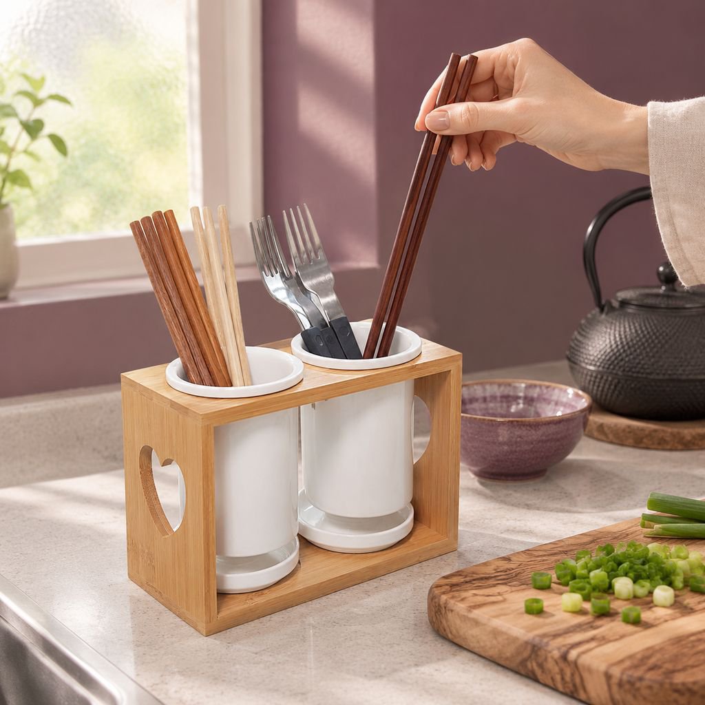 天然竹と陶磁器の箸立て キッチン用カトラリー収納スタンド