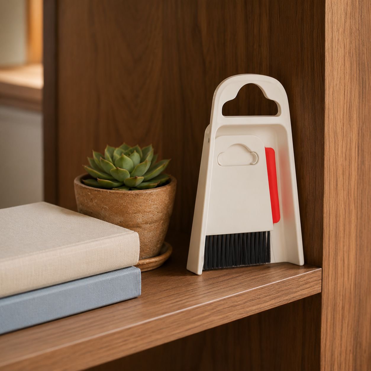 Close-up of mini broom bristles and dustpan edge