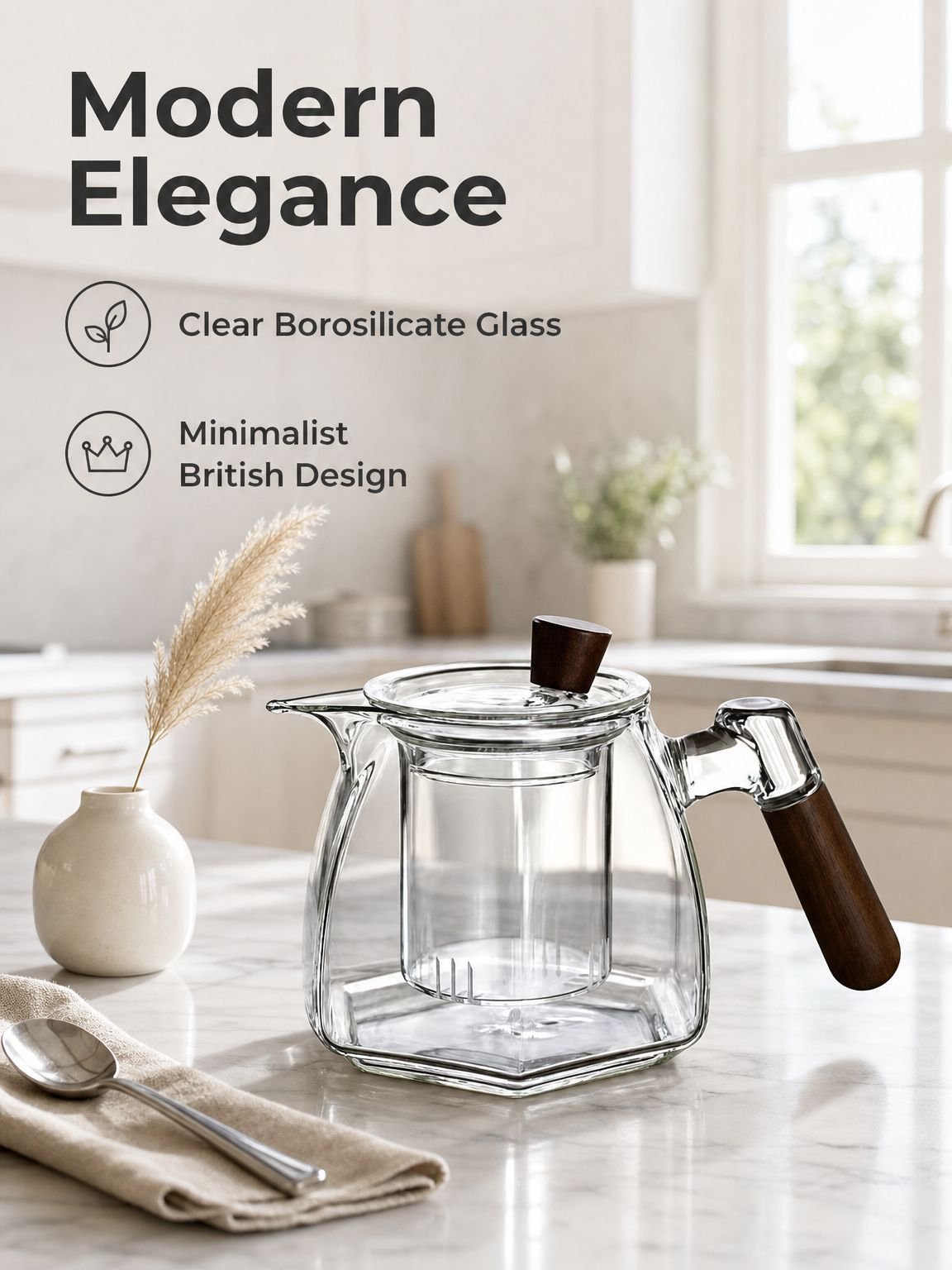 Glass Teapot with Solid Wood Handle