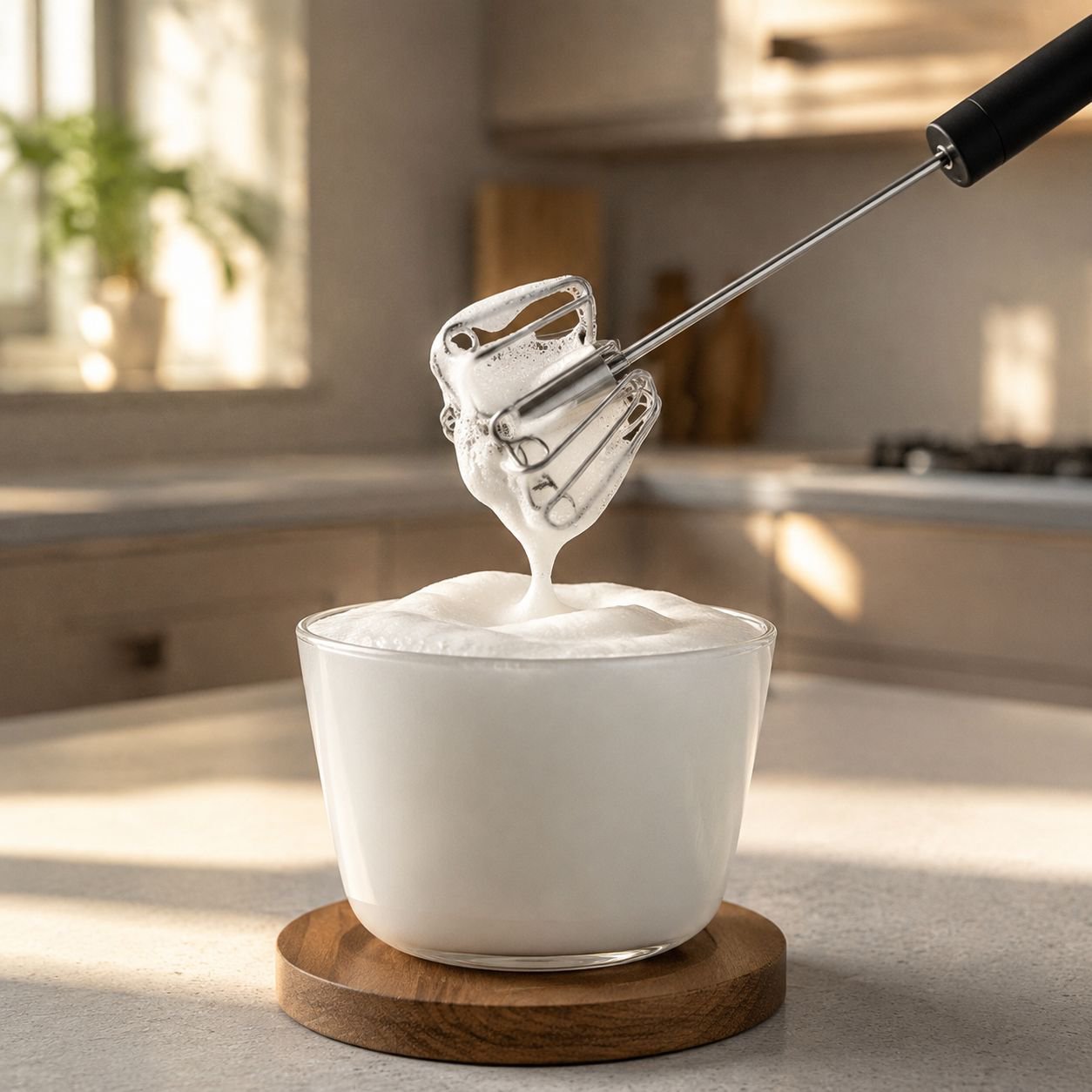 Manual egg beater mixing eggs in a glass bowl