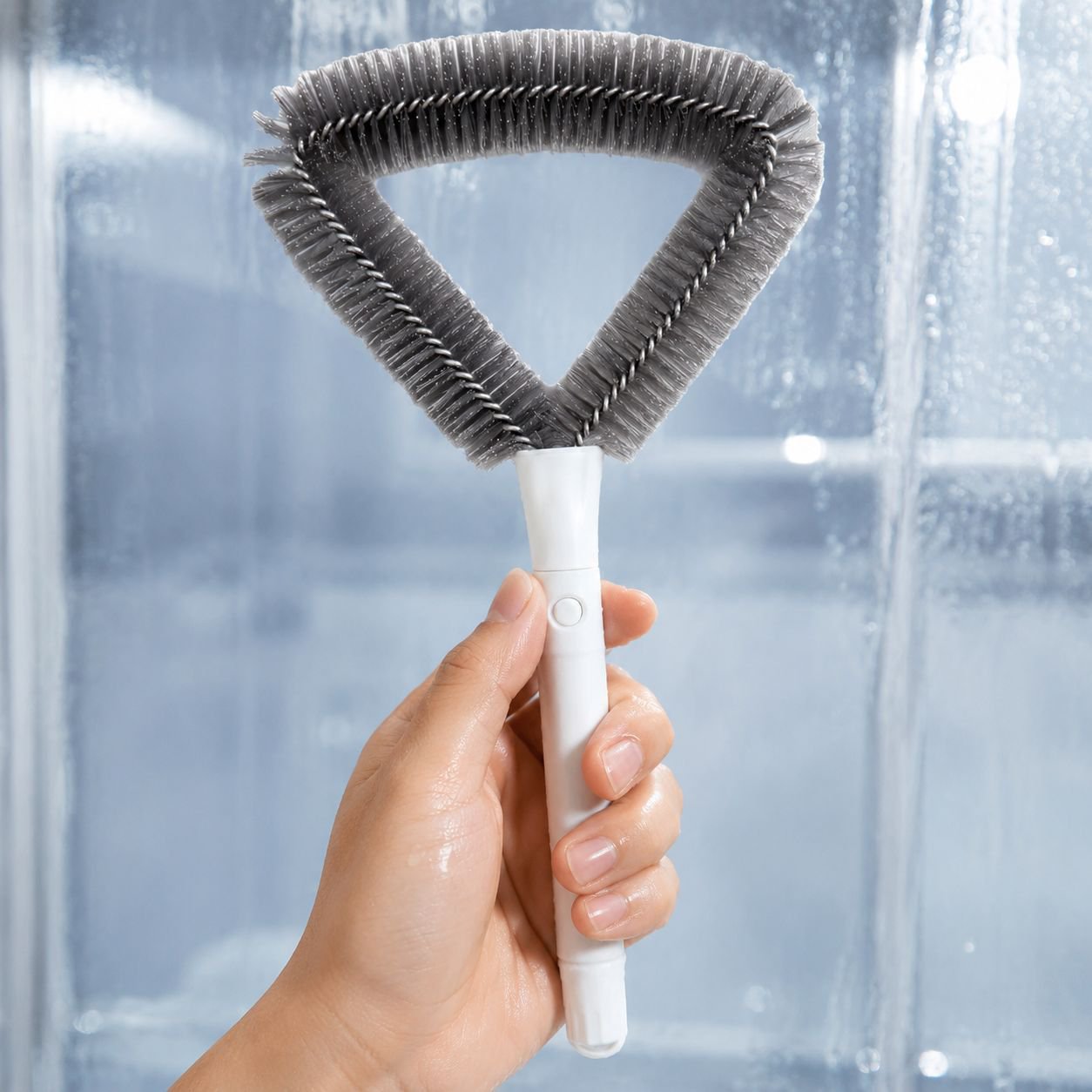 Hand holding washable screen brush against a mesh screen