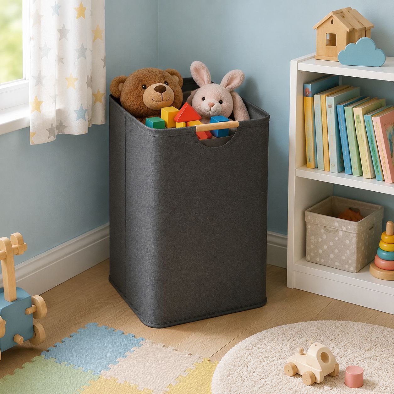 Laundry hamper folded for easy storage