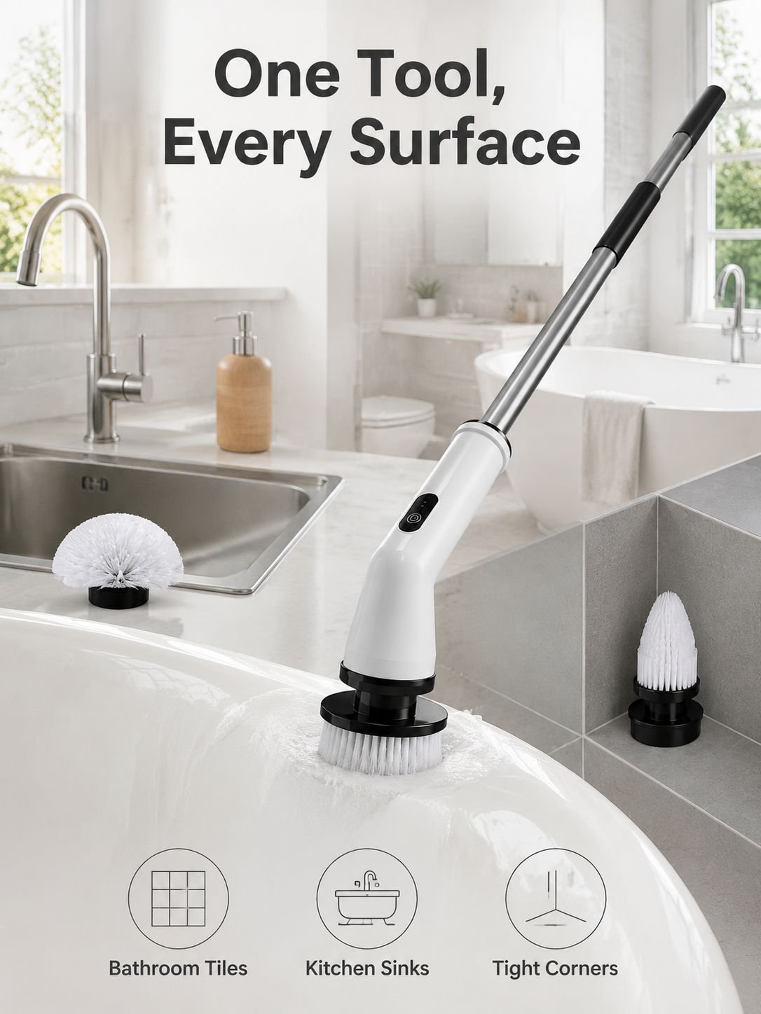 Multi-functional Electric Cleaning Brush Set, Adjustable Length, 9-in-1 Detachable for Bathroom