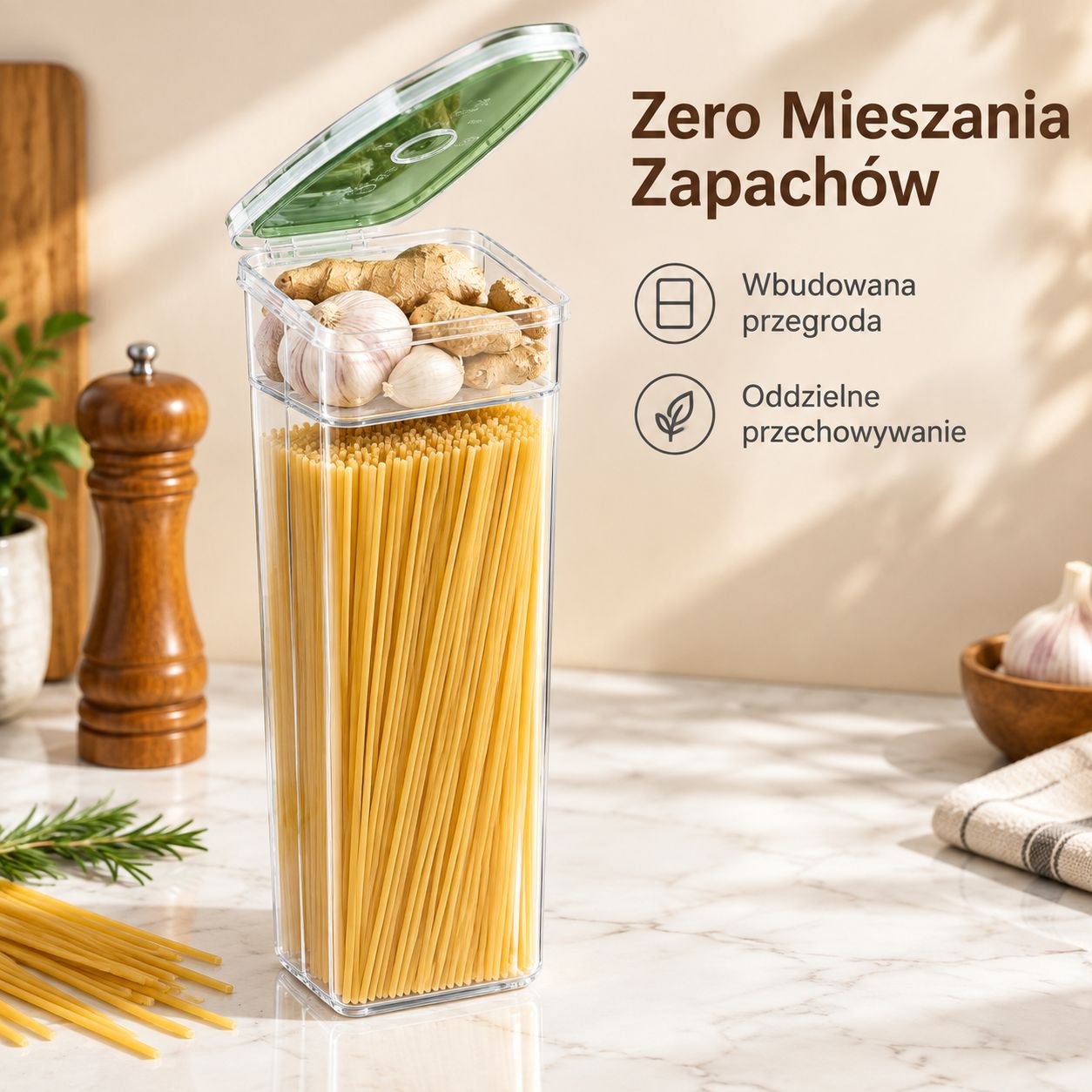 Pojemnik na makaron z przegródkami na szczypior, imbir i czosnek