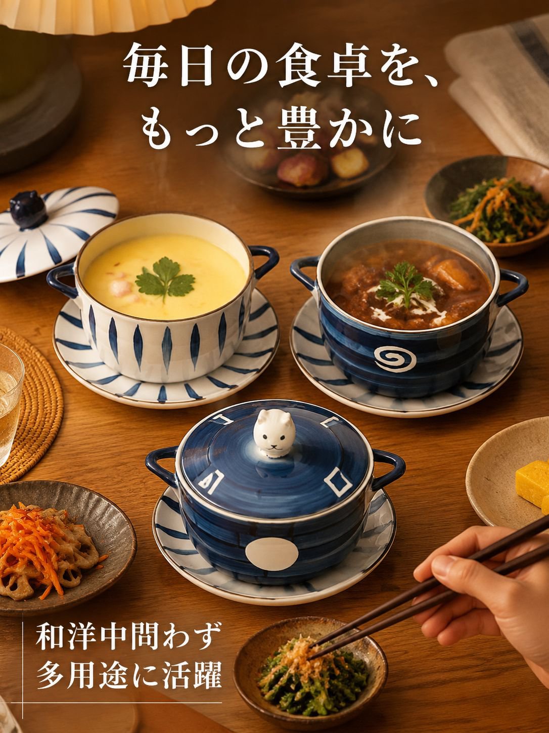 蓋付き陶器製スープボウルセット
