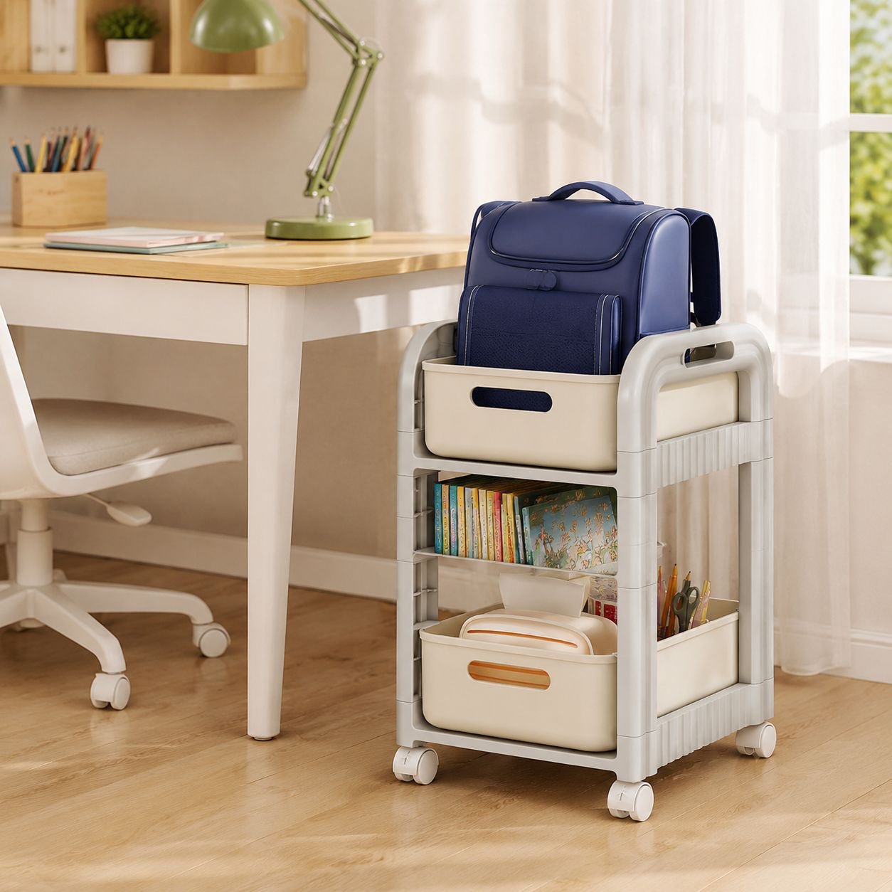 Movable under-table schoolbag storage rack for home and school