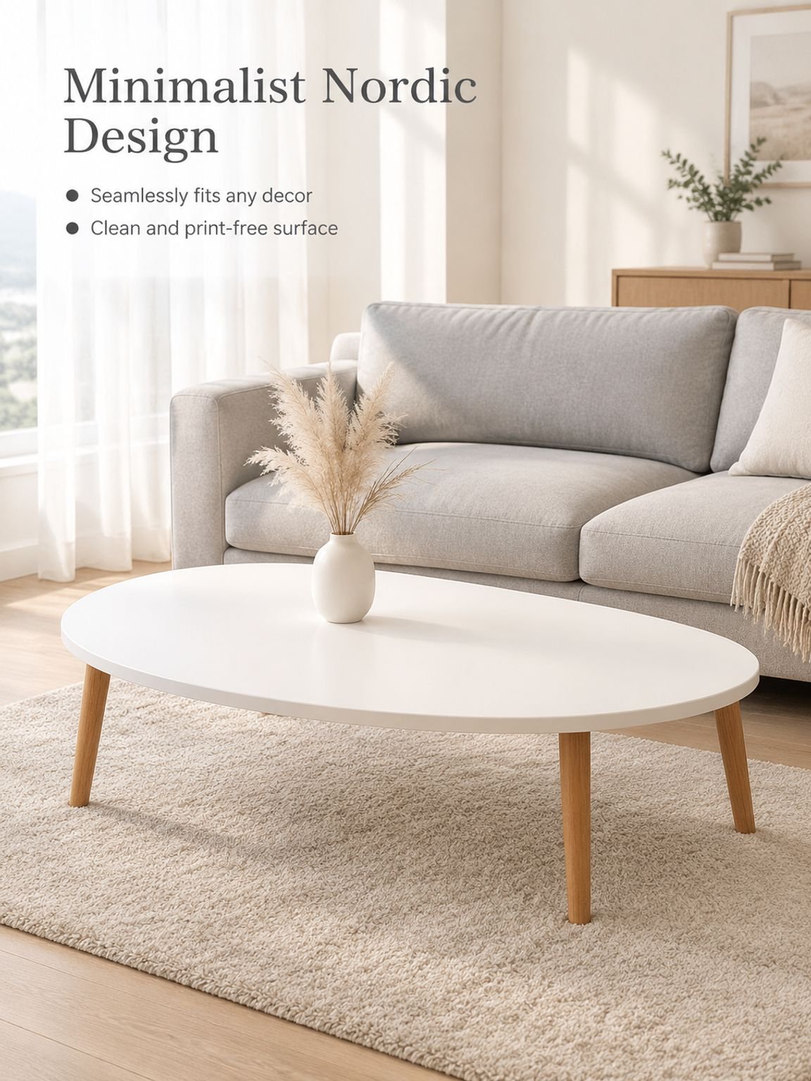 Cream-style side table beside a bed in a neutral bedroom