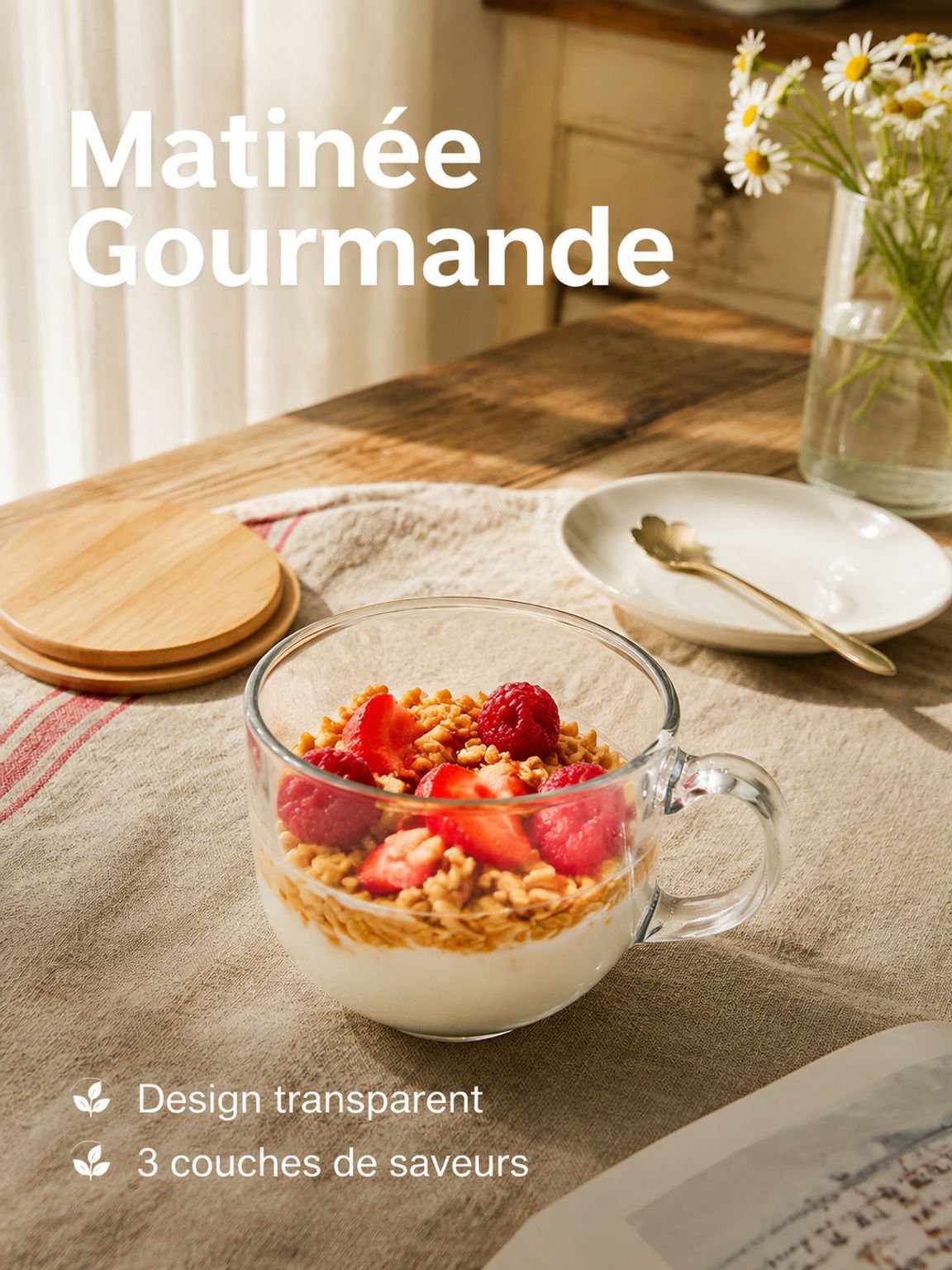 Verre à petit-déjeuner grande capacité avec couvercle et cuillère