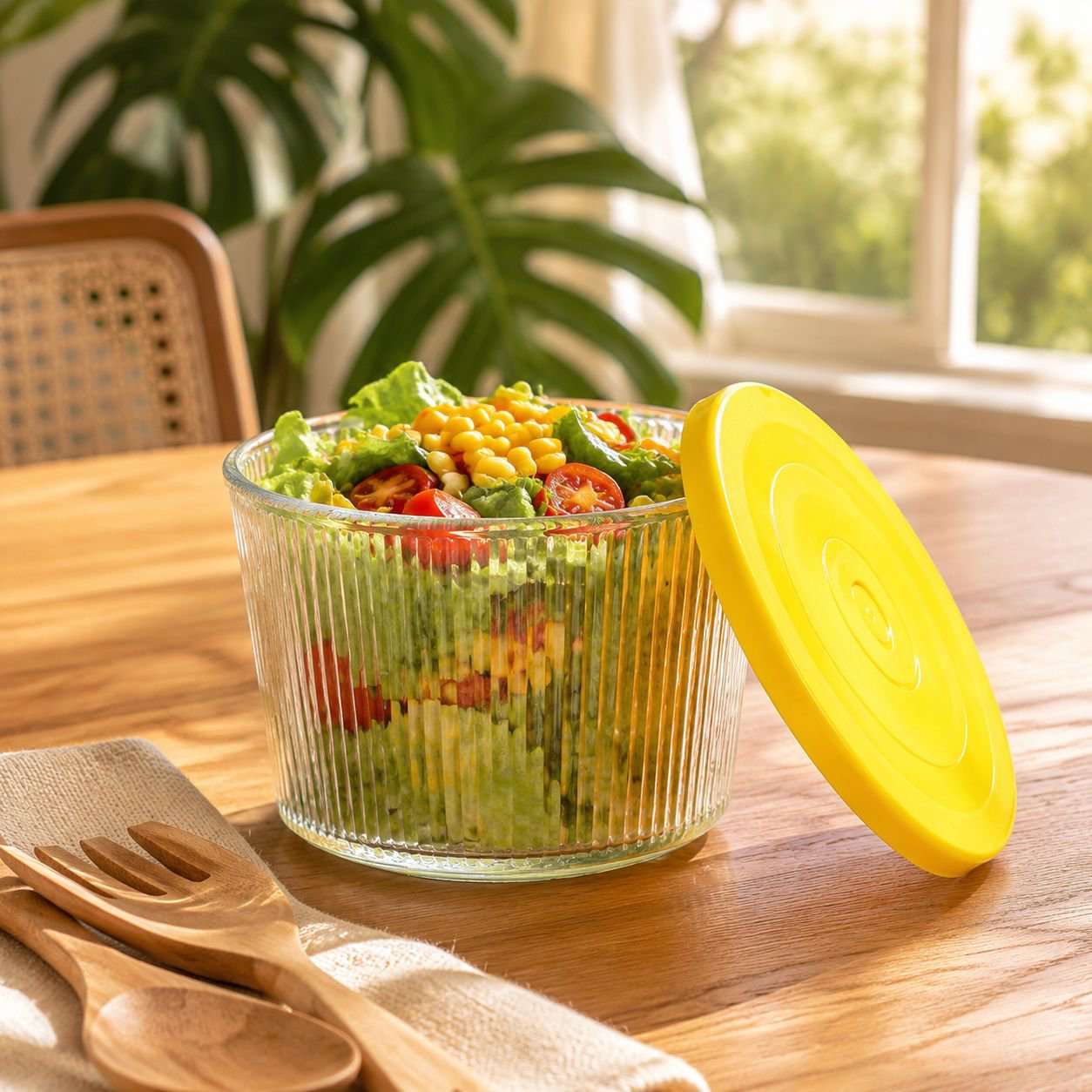 Household Refrigerator Compatible, Lidded Vertical Stripe Round Glass Food Container