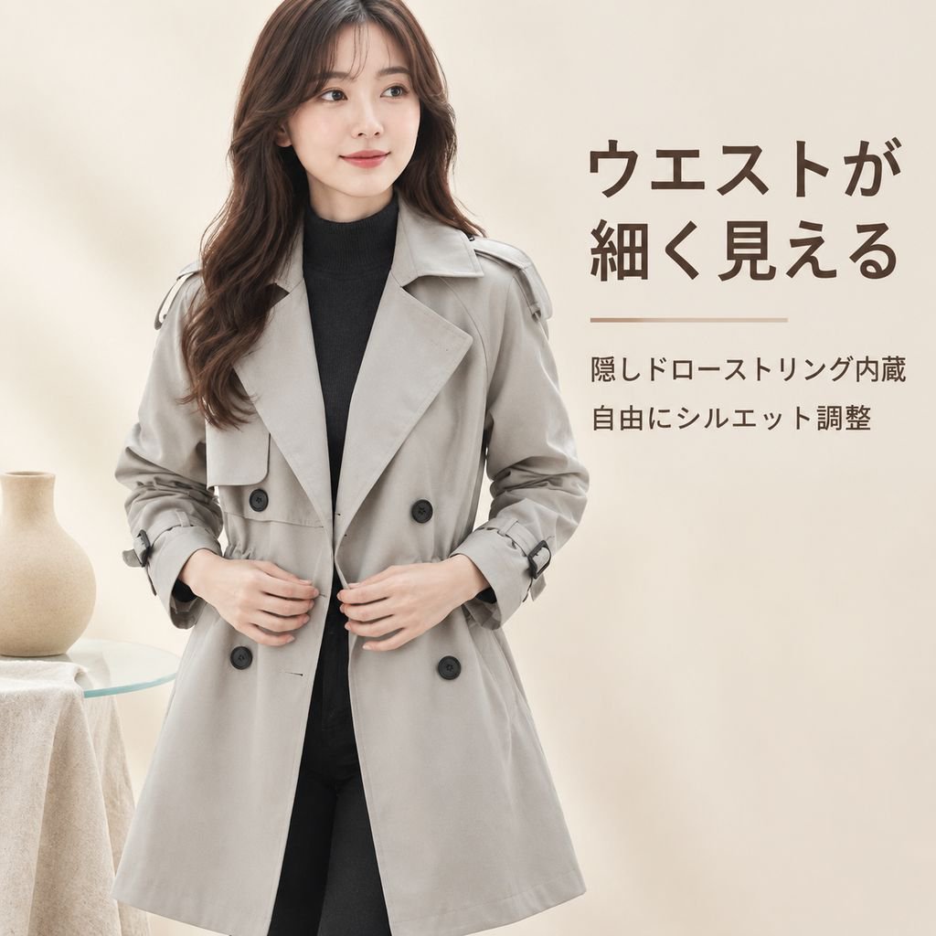 トレンチコート レディース ミドル丈 ウエストマーク ゆったり 大きいサイズ アウター