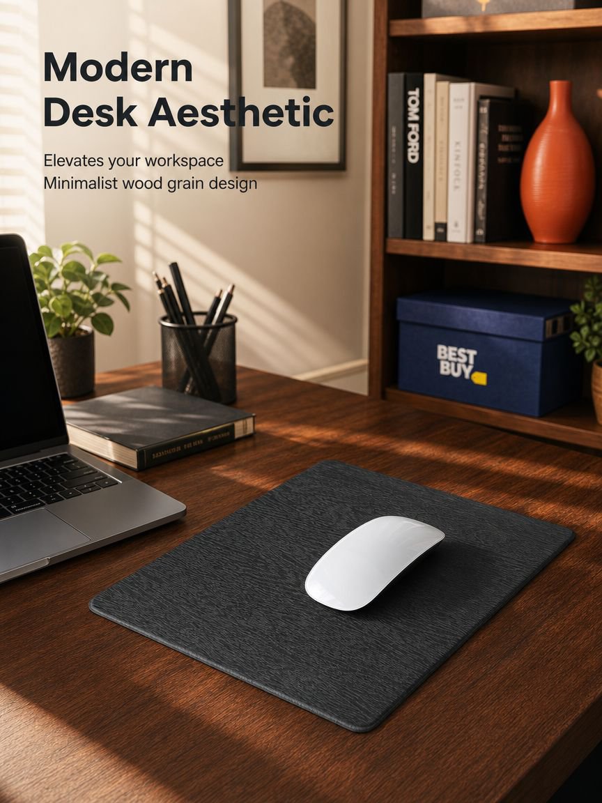 Modern desk setup with wood grain gaming mouse pad