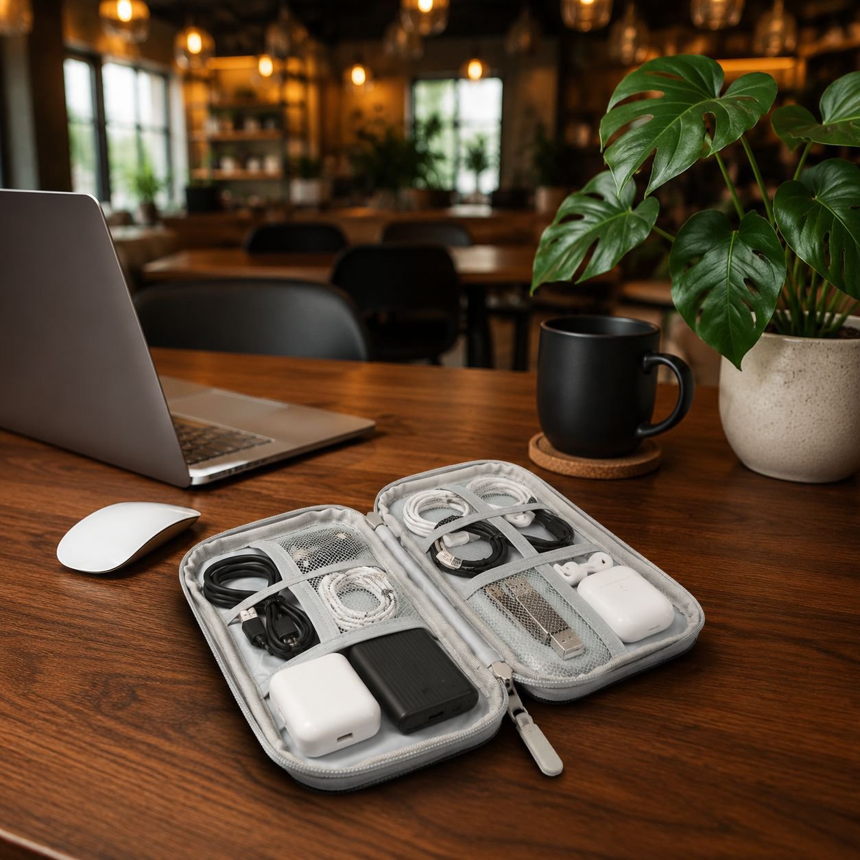 Portable electronic accessories case with zipper closure