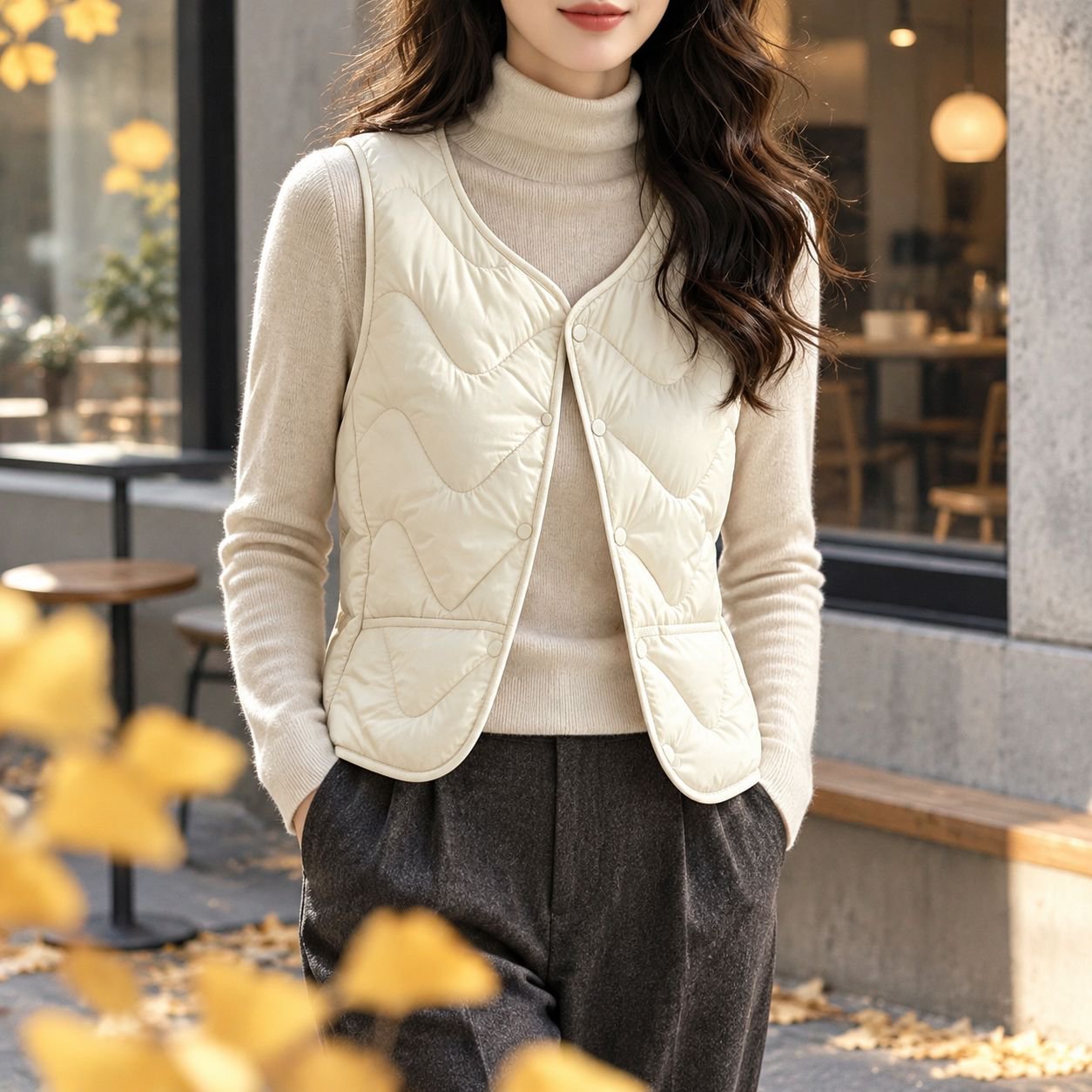 여성용 세련된 링기모 보온 조끼, 도톰하고 부드러운 숏기장 브이넥 민소매