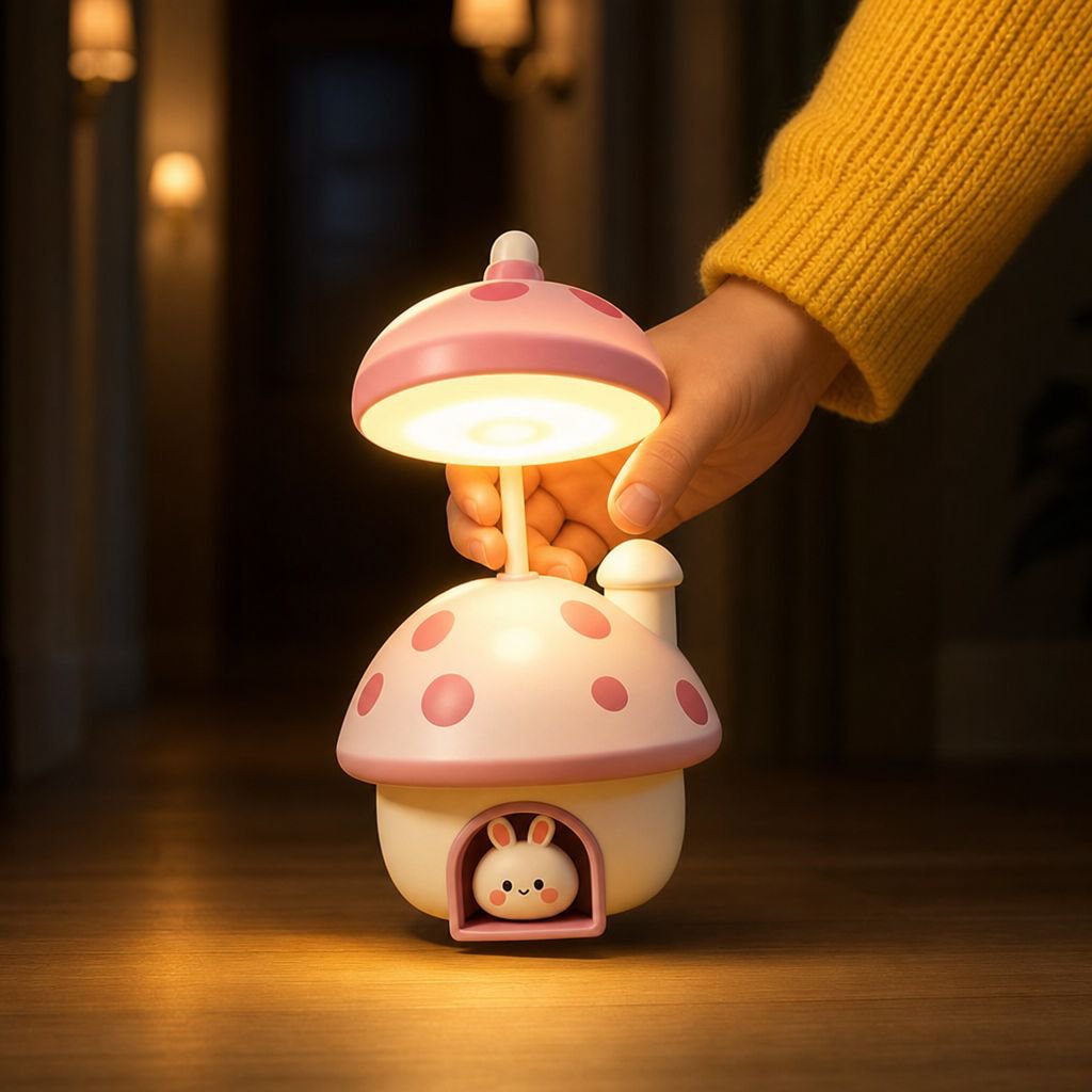 Lámpara de escritorio USB con forma de conejo y seta, adorable