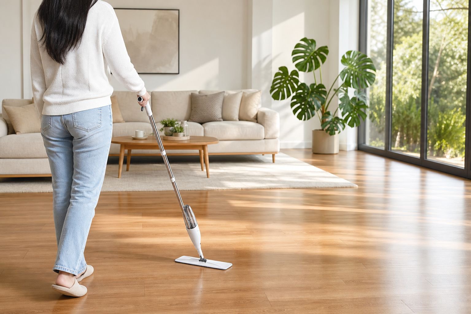 Hands-free spray mop with thick microfiber pad