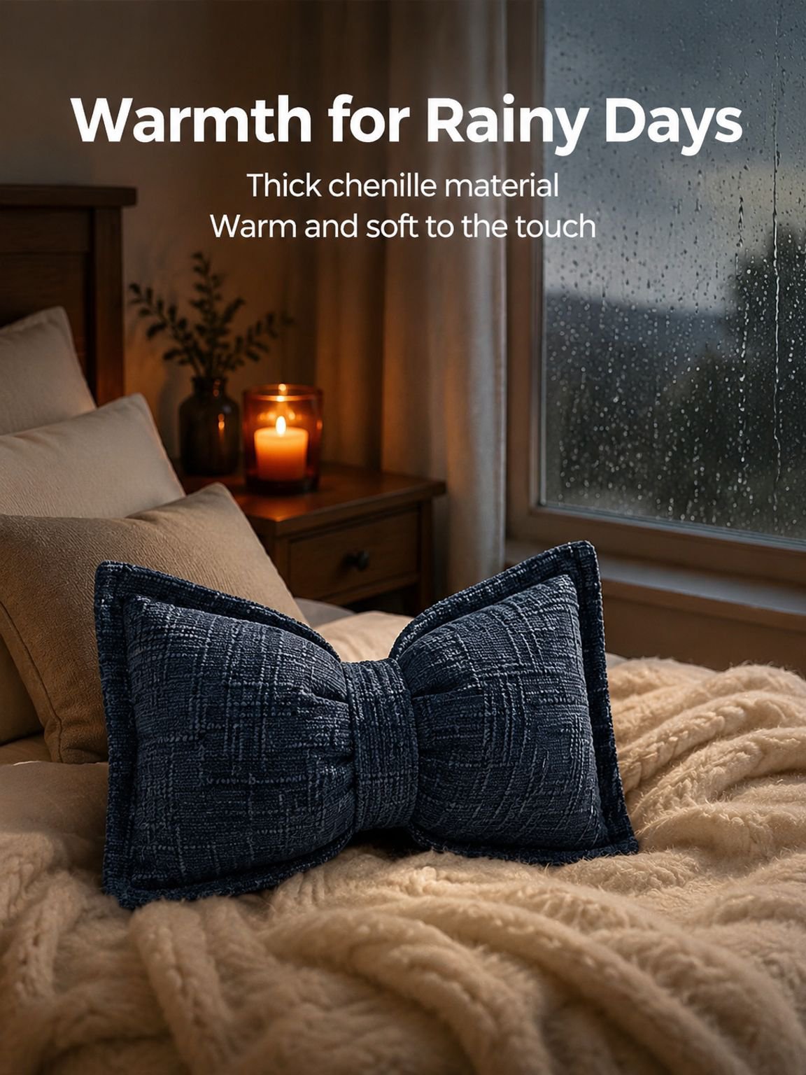 JMY Chenille Bow Cushion placed on living room sofa