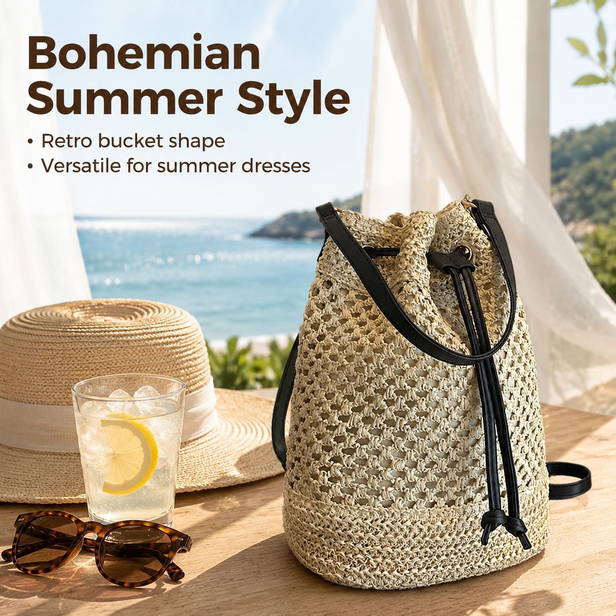 Fashion Hollow Straw Large Capacity Shoulder Crossbody Beach Tote Bag for Women