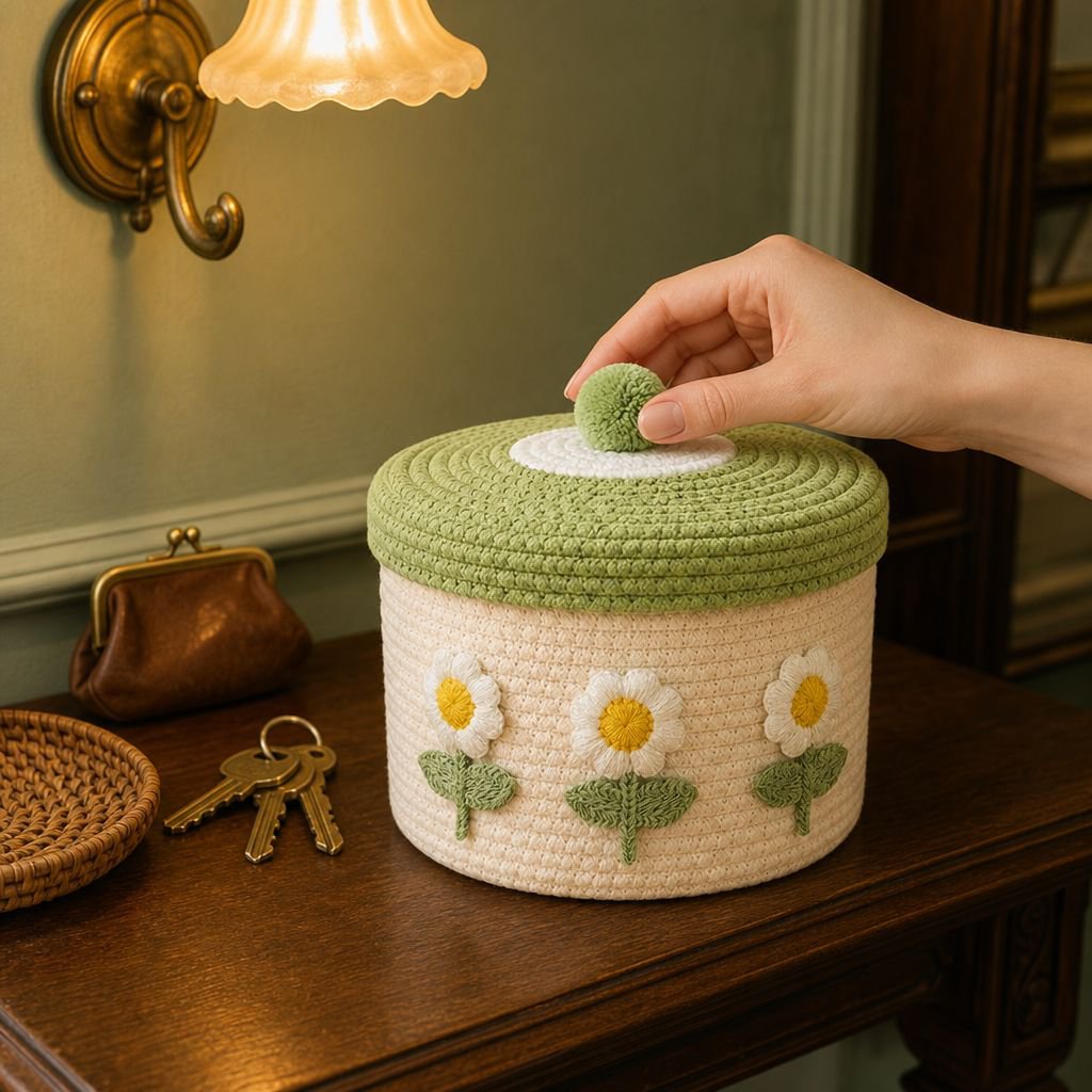 Panier de rangement tressé en coton avec couvercle