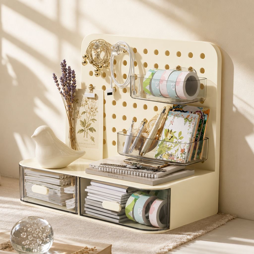 Escritorio doméstico estilo crema con estante y tablero de agujeros