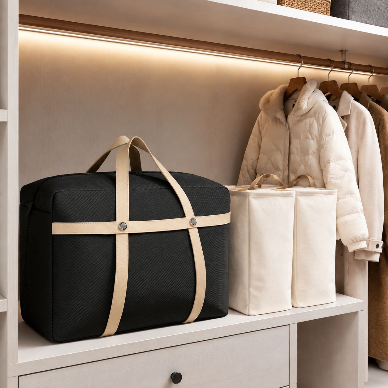 Spacious organizer bag storing blankets and bedding