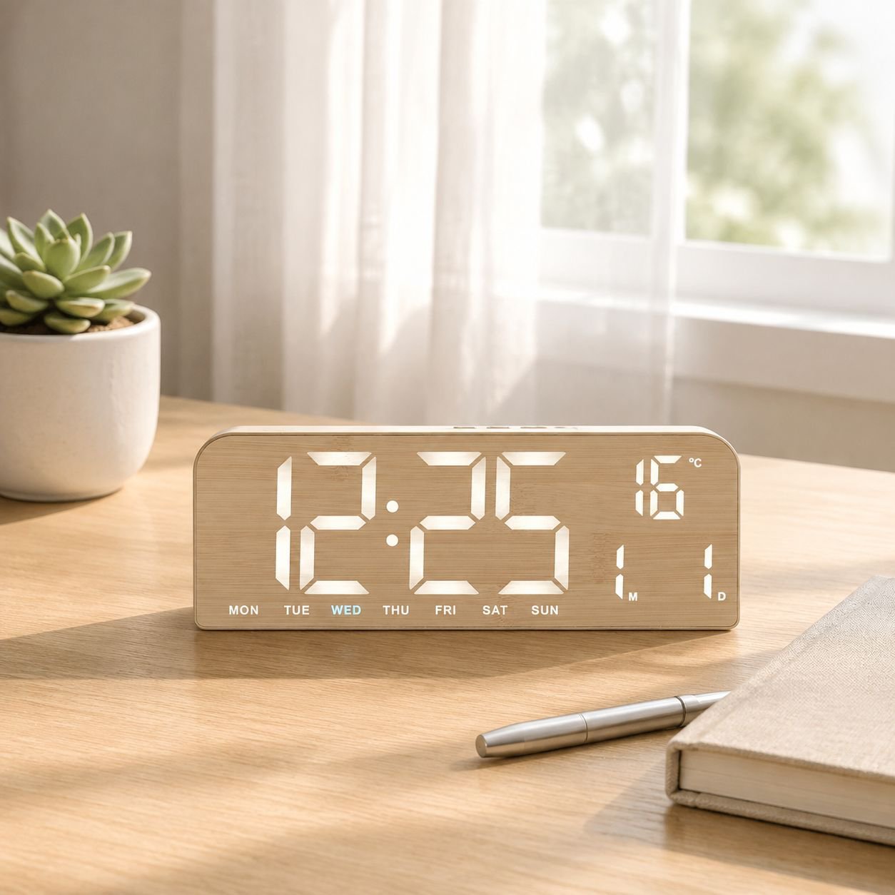 Woodgrain Fabric Nordic Table Clock with Large LED Screen, Date and Weekday Function