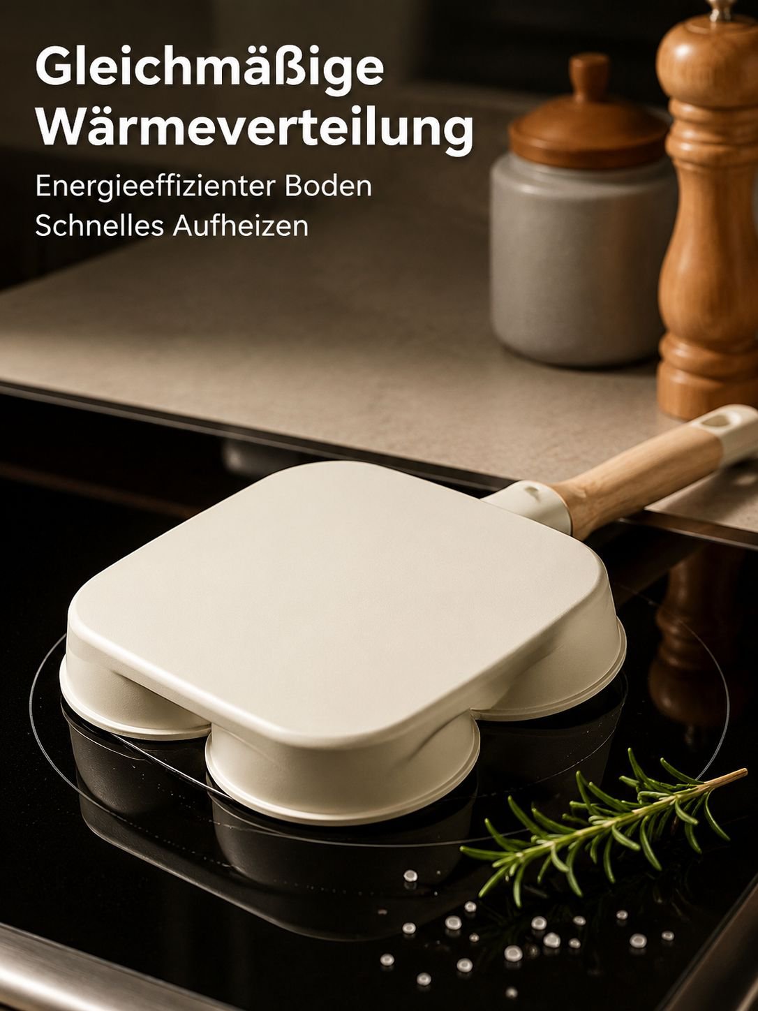 Eierpfanne mit ergonomischem Griff und vier Mulden