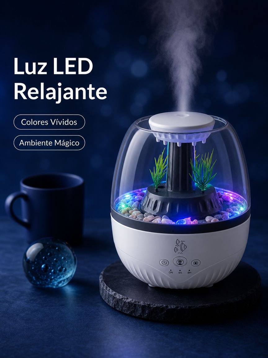 Humidificador aromático con forma de pecera, luz de siete colores, silencioso