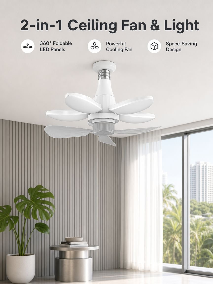 Folding lighting fixtures with fans