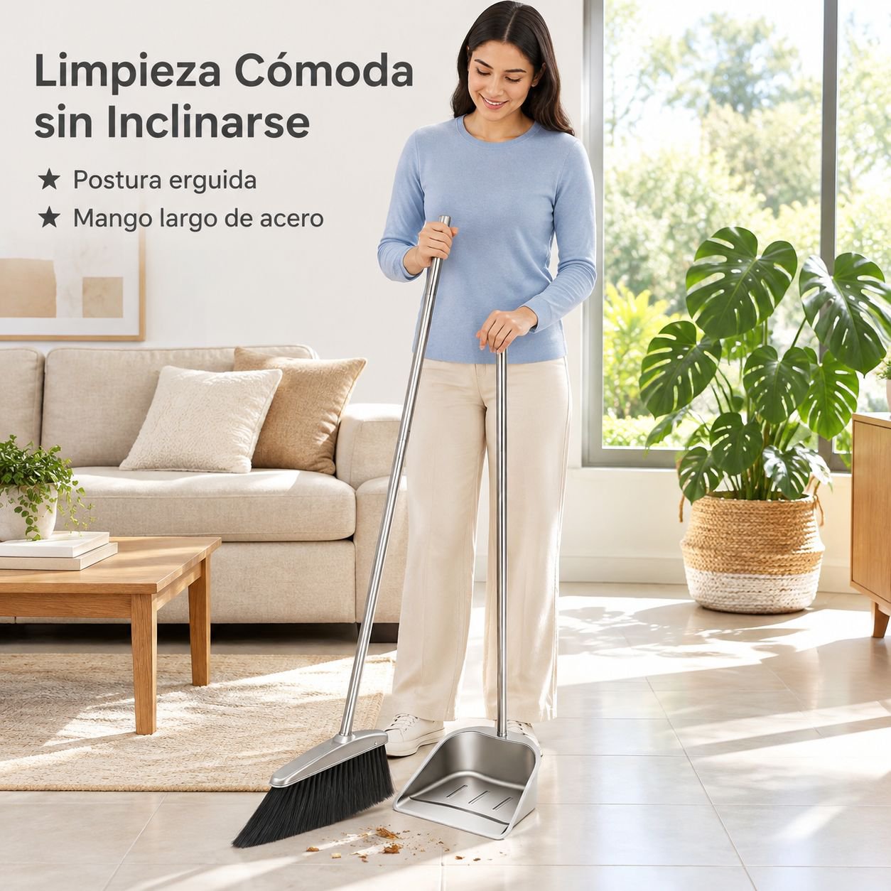 Juego de recogedor y escoba de acero inoxidable con cerdas suaves