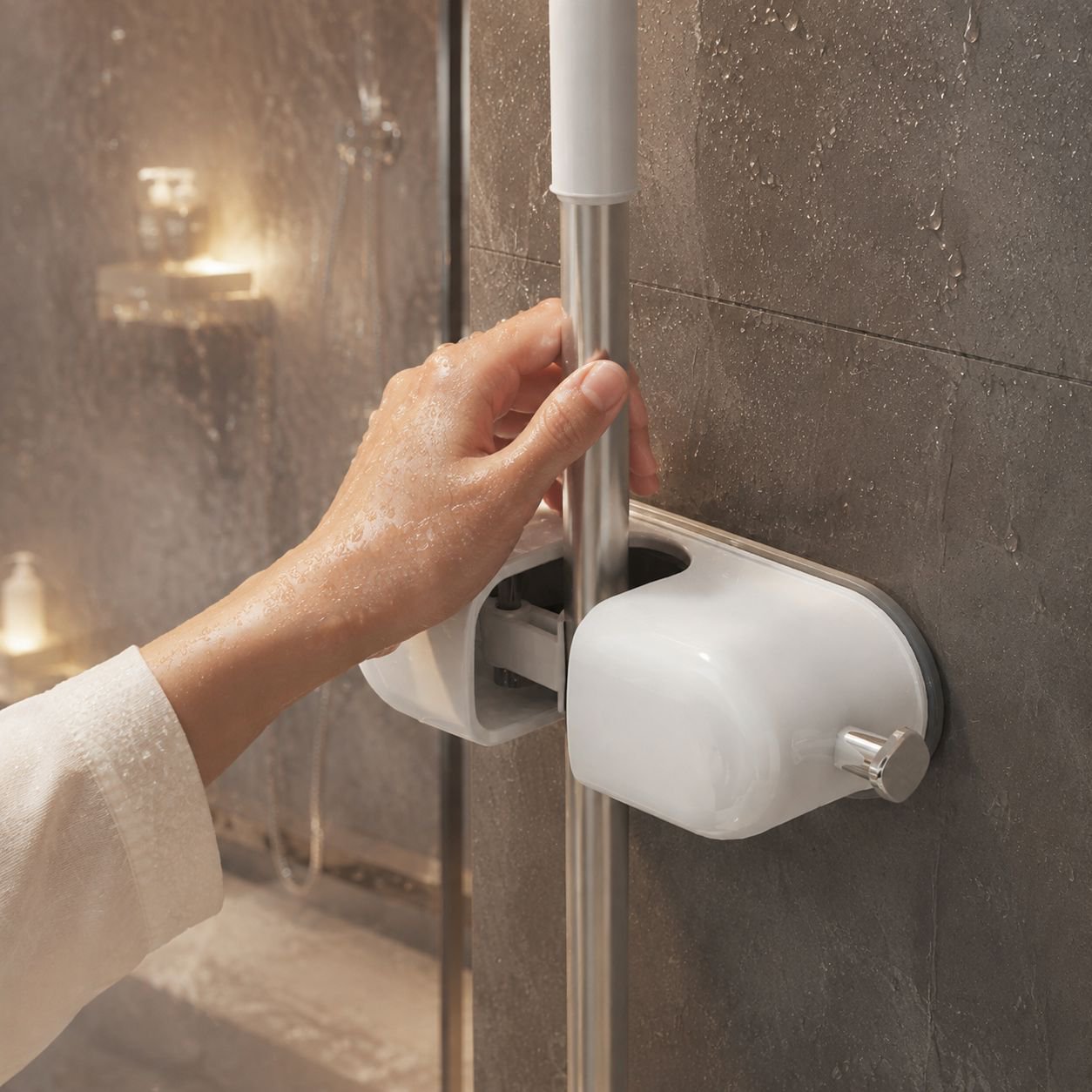 No-drill wall hook for mops and brooms