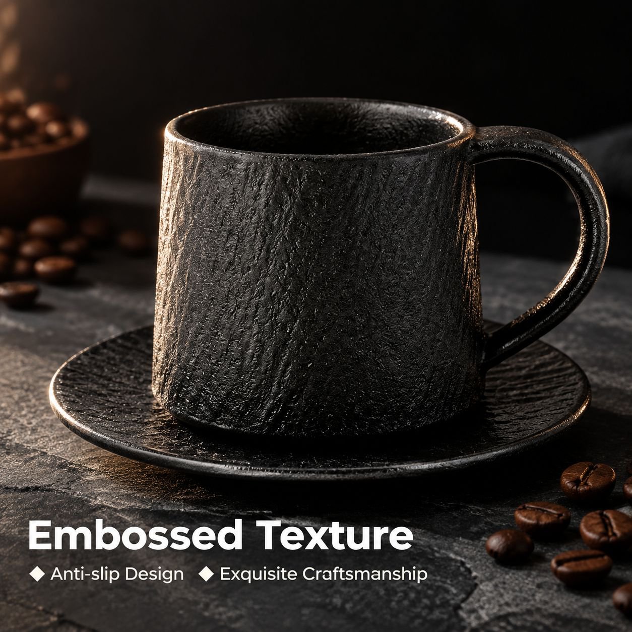 Premium vintage-style stoneware coffee cup and saucer set
