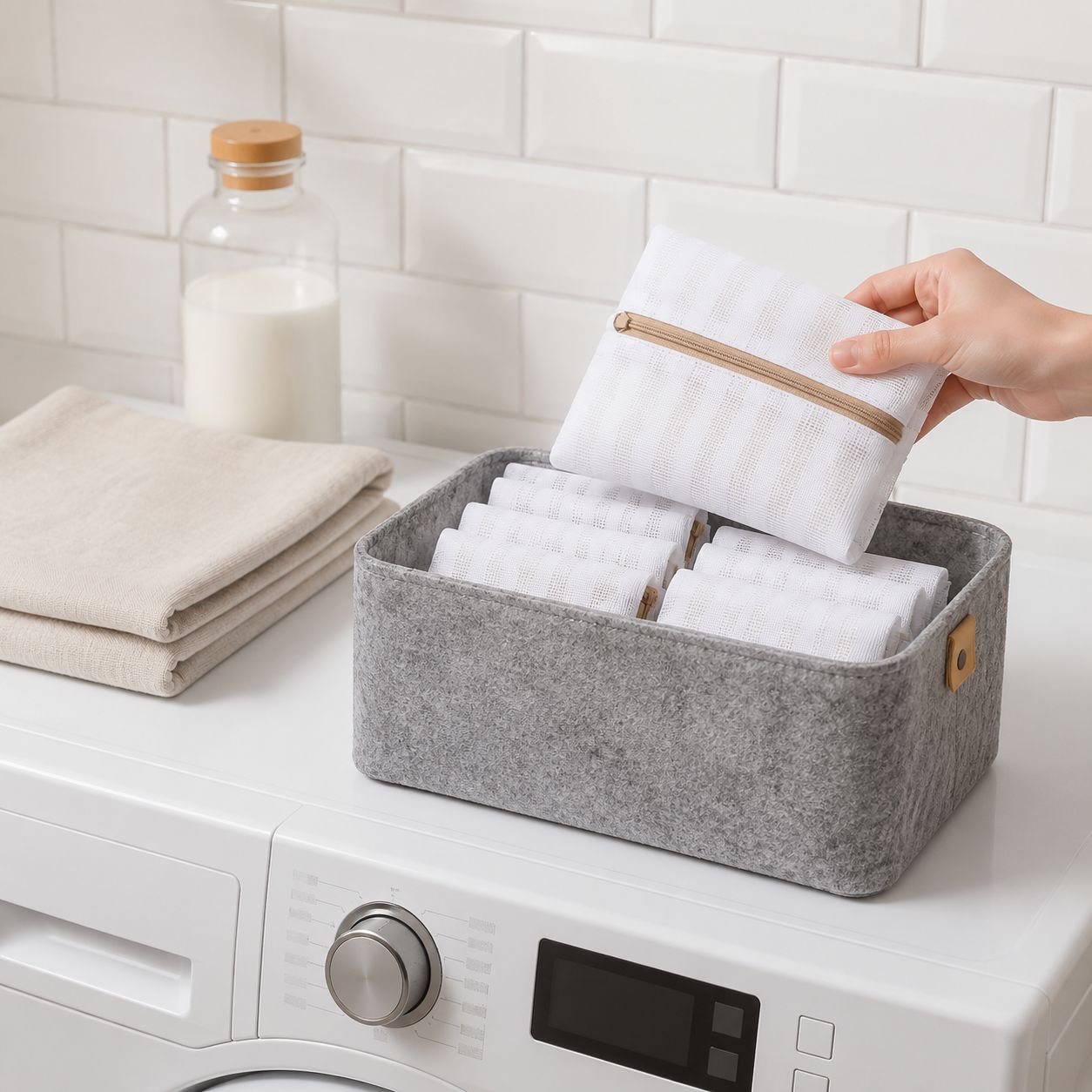 Household mesh bag filtering lint during laundry