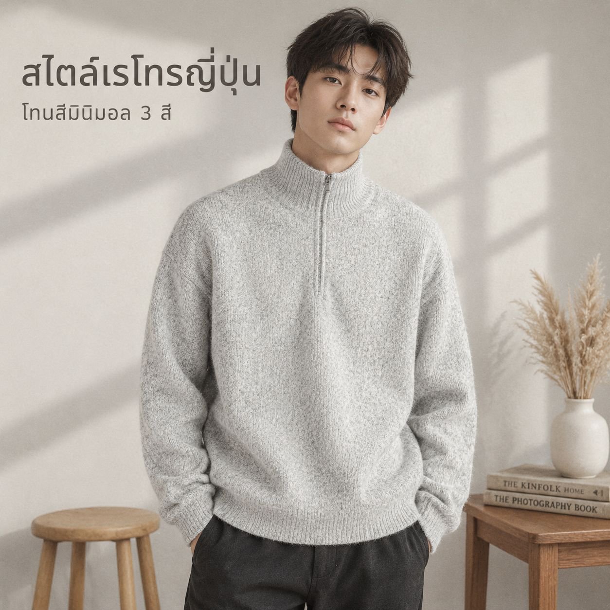 เสื้อกันหนาวไหมพรมคอสูงซิปครึ่งตัวสไตล์ญี่ปุ่น สำหรับฤดูใบไม้ร่วงและฤดูหนาว