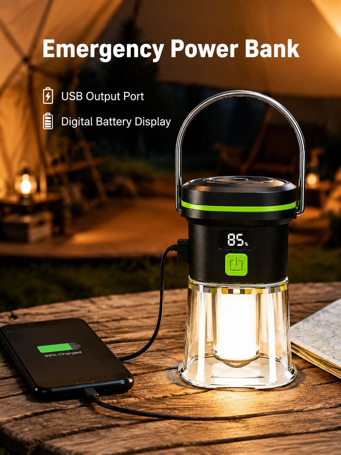 New portable outdoor camping light, USB rechargeable camping light, handheld camping light, recharge