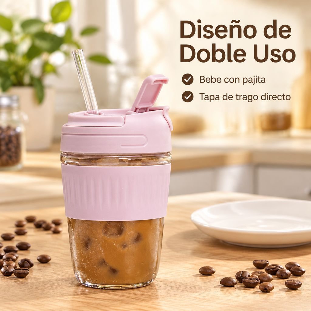 Vaso de Vidrio con Pajita Doble Bebida Gran Capacidad Hogar y Oficina