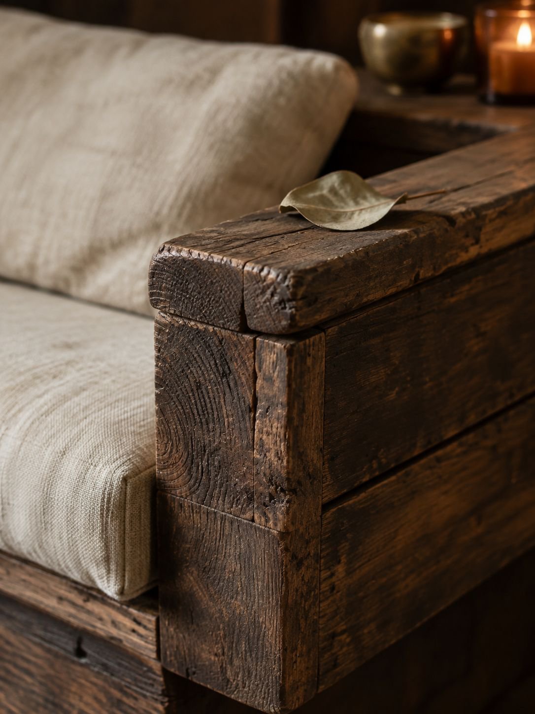 Massivholzsofa mit natürlicher Holzmaserung und rustikalem Antik-Finish