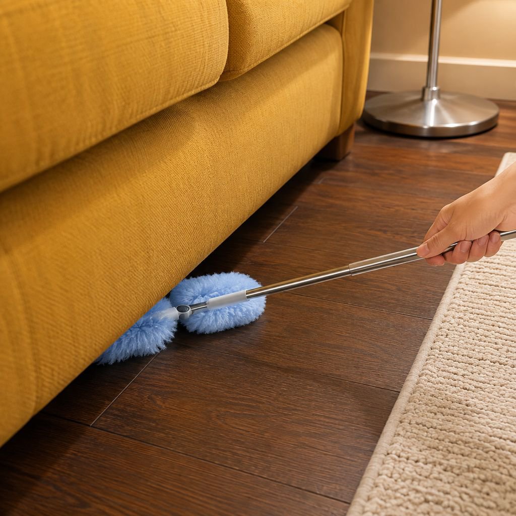 Plumero desechable limpiando muebles