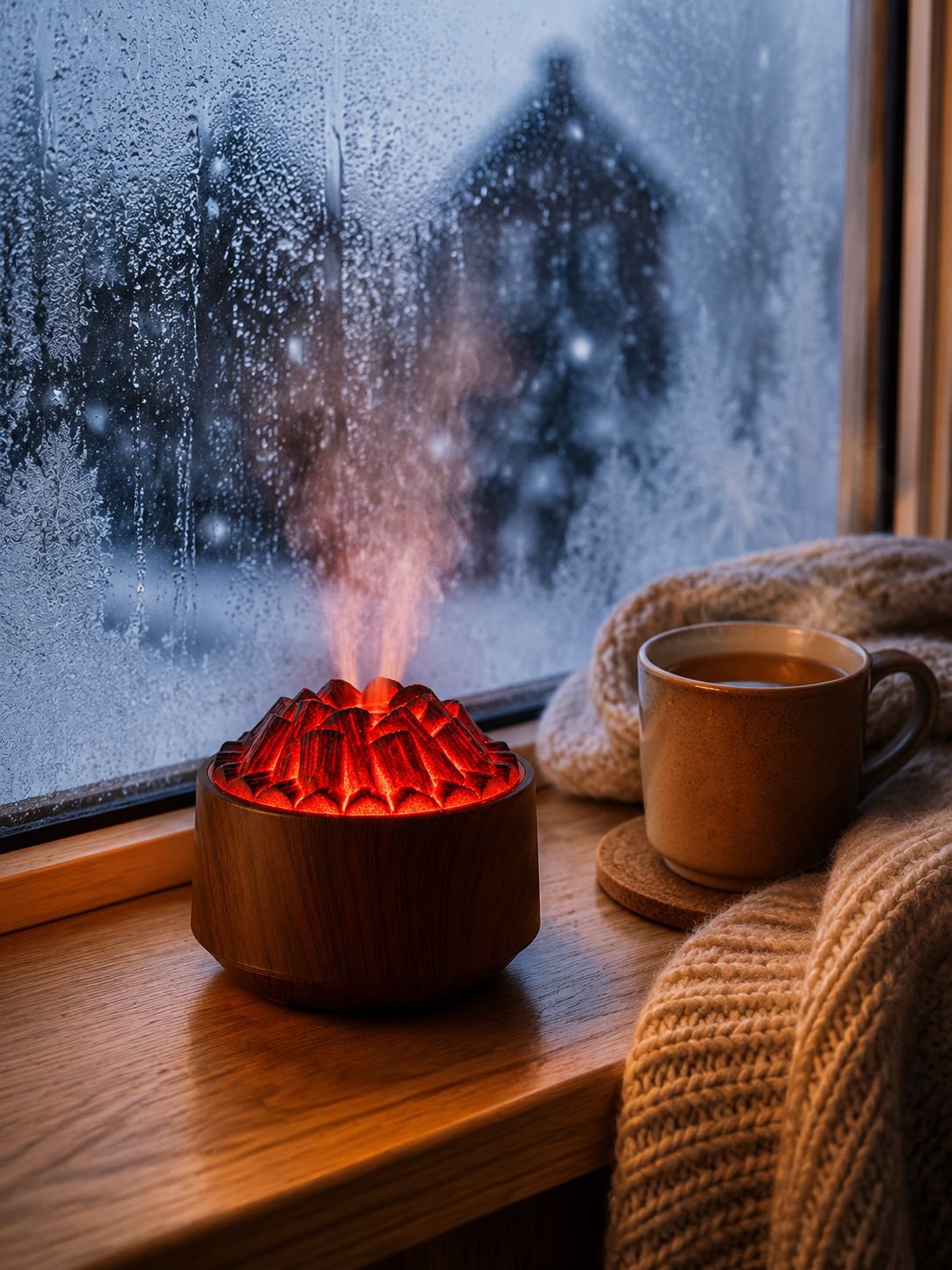 Flame Aroma Diffuser USB Humidifier on a wooden table