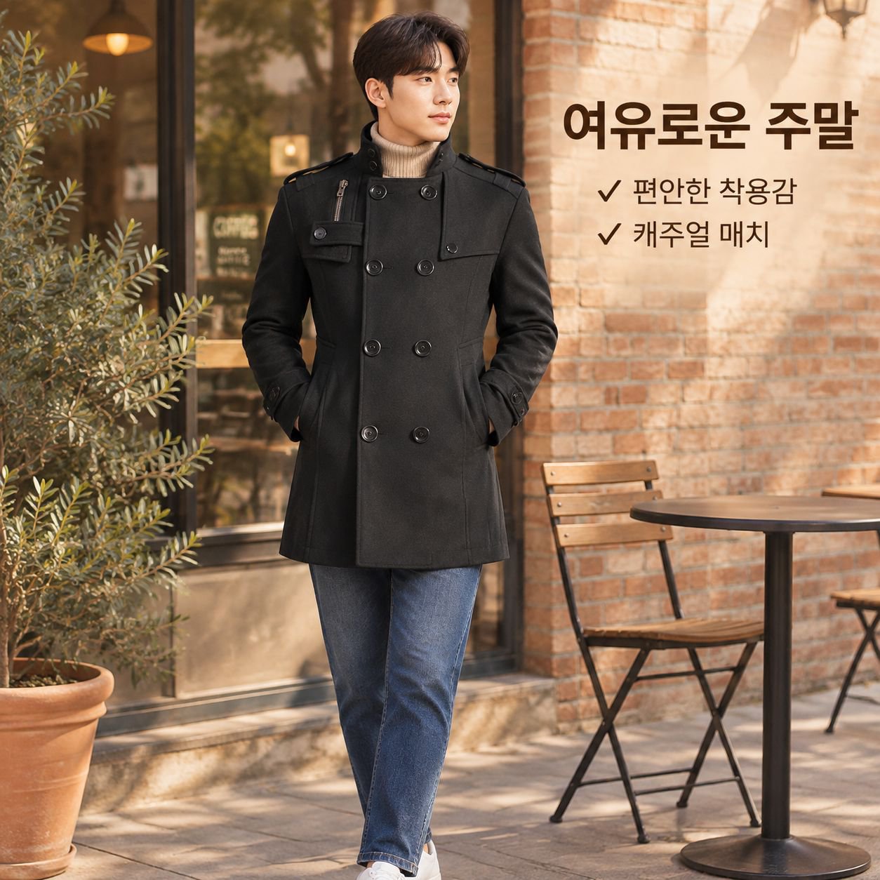 남성 클래식 슬림핏 미디 롱 모직 코트 트렌치 자켓