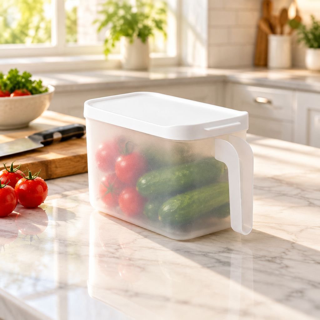Airtight refrigerator storage container filled with fresh vegetables and eggs