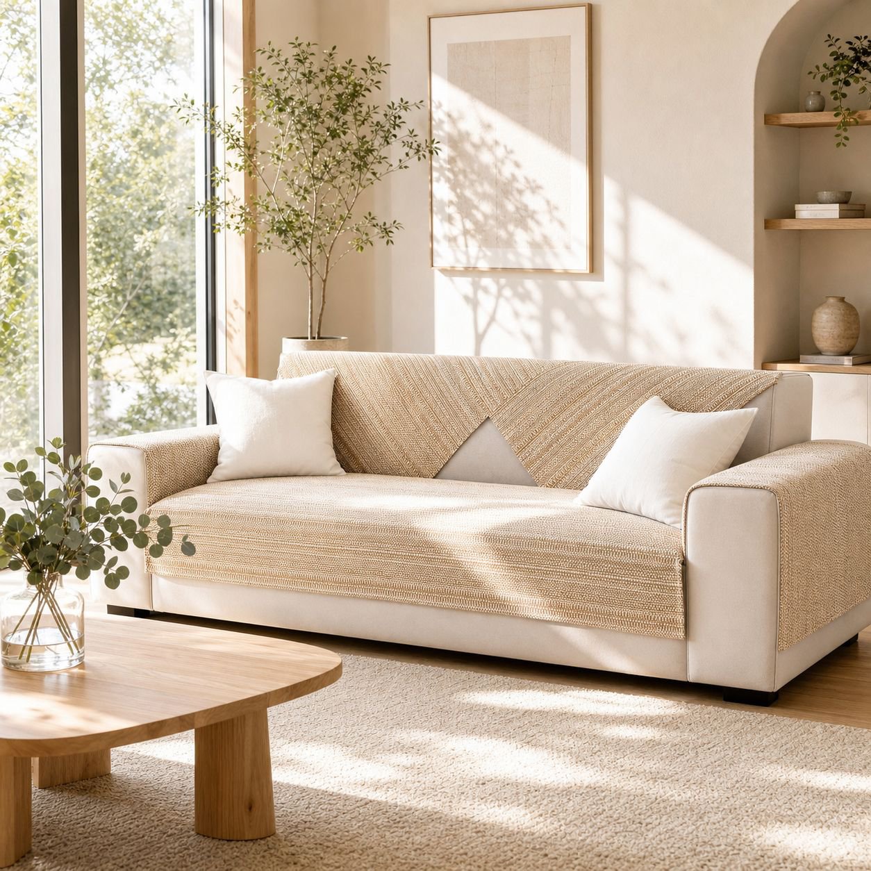 Cotton and linen thick sofa cover set on three-seat sofa