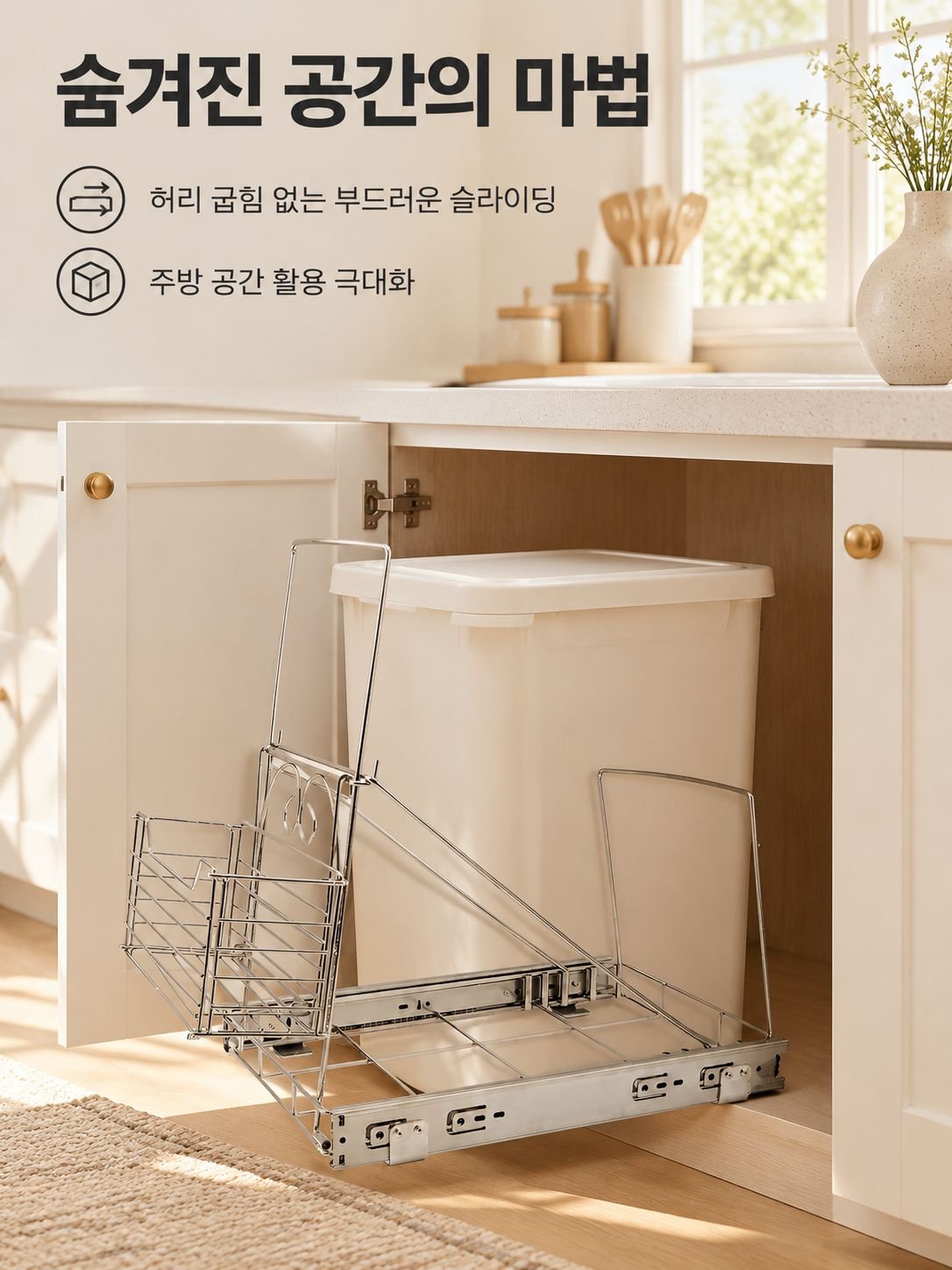 레일형 주방 캐비닛 하강식 쓰레기통 전체 모습