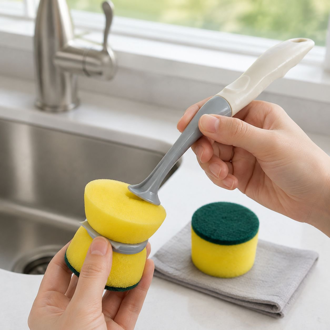Ergonomic long handle sponge brush scrubbing kitchen pots