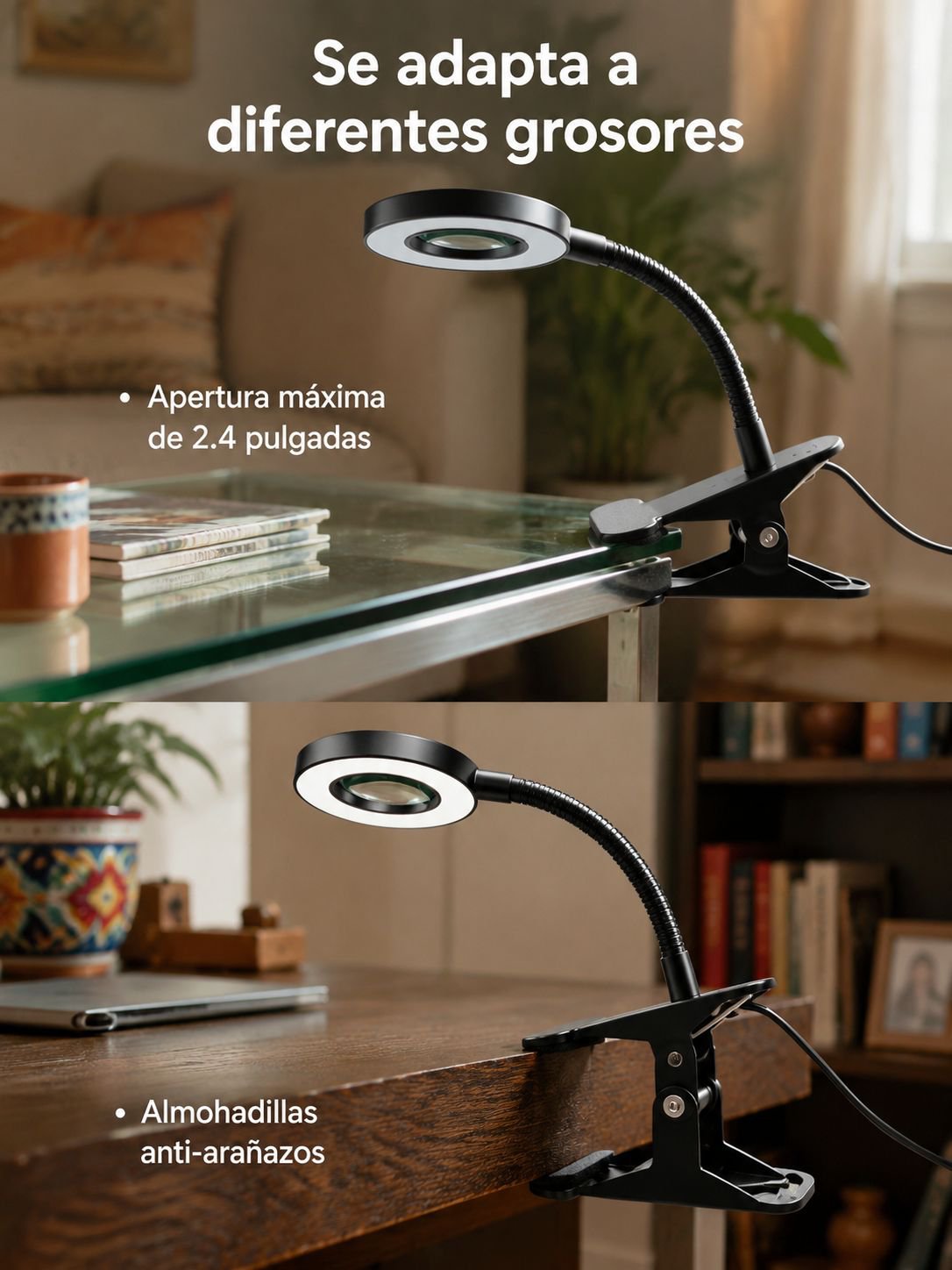 Lámpara de aumento 10x con soporte y luz LED, ideal para lectura y trabajo