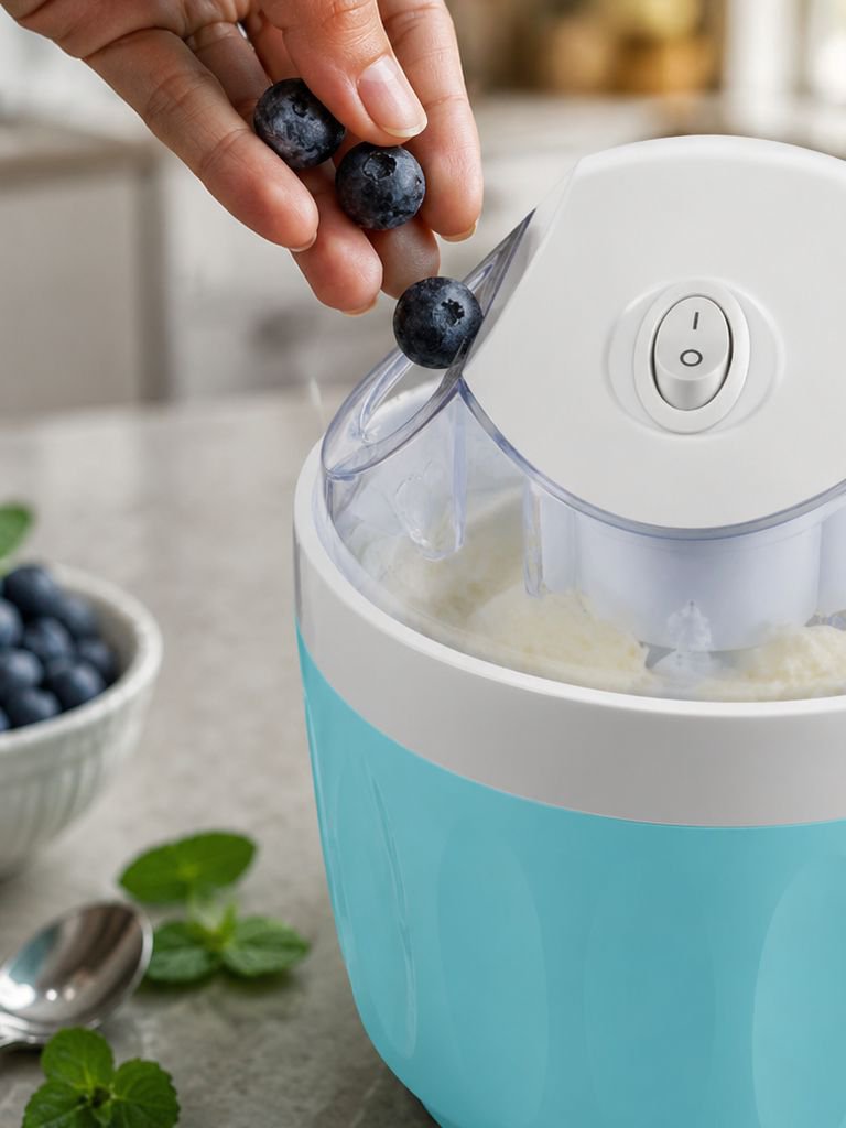 User adding ingredients to ice cream maker