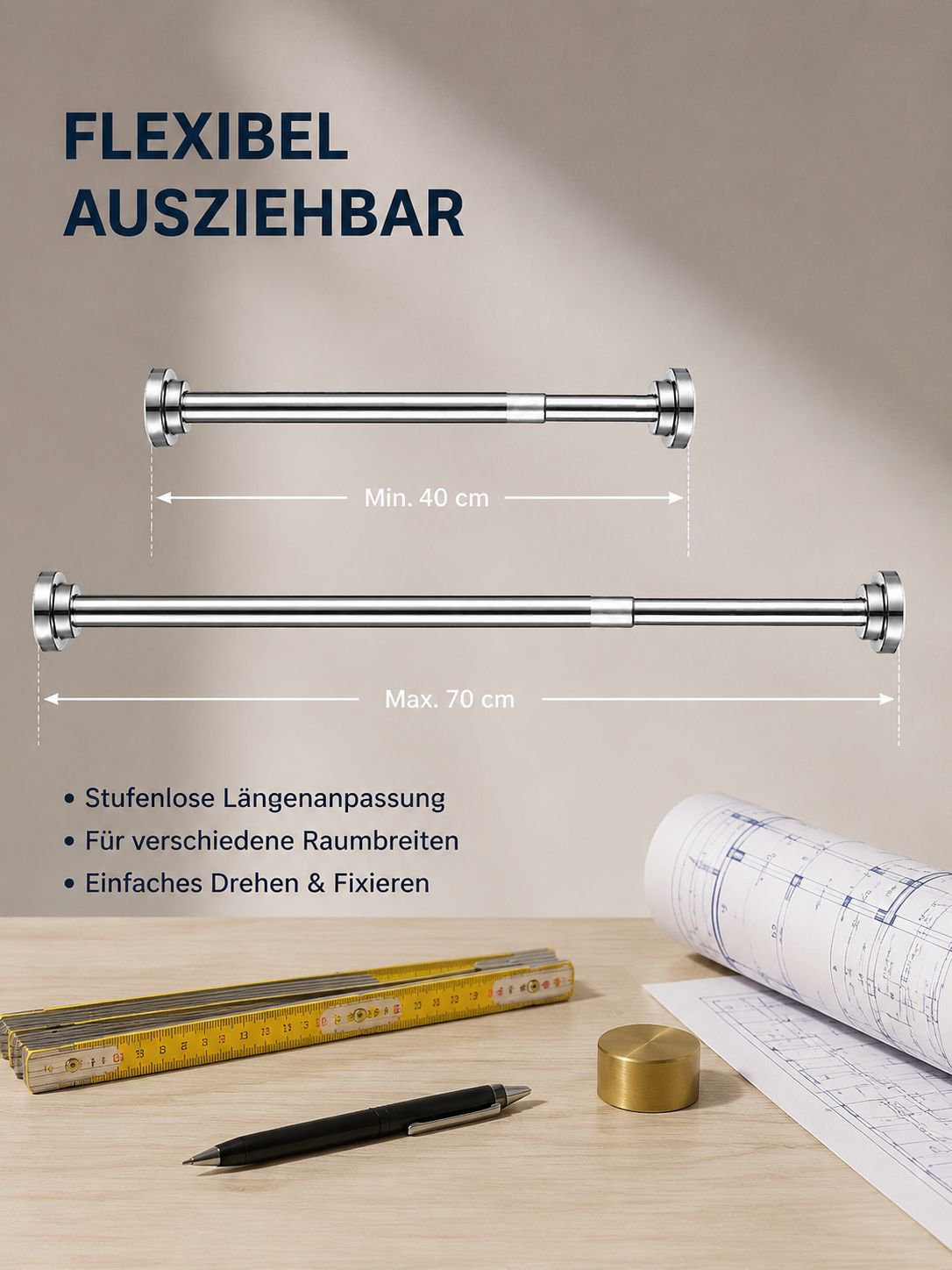 Ausziehbare Wäschestange aus Edelstahl, ohne Bohren, geeignet für Duschvorhänge, Gardinenstangen, Tü