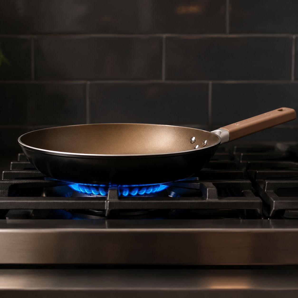 Lightweight titanium frying pan on kitchen counter