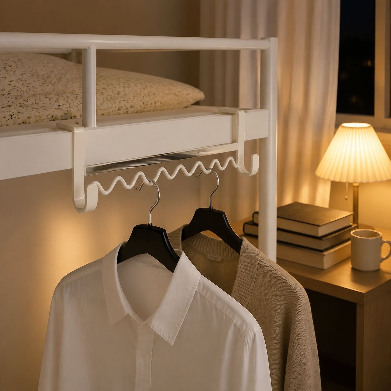 Compact storage solution with Wavy Dormitory Clothes Hook