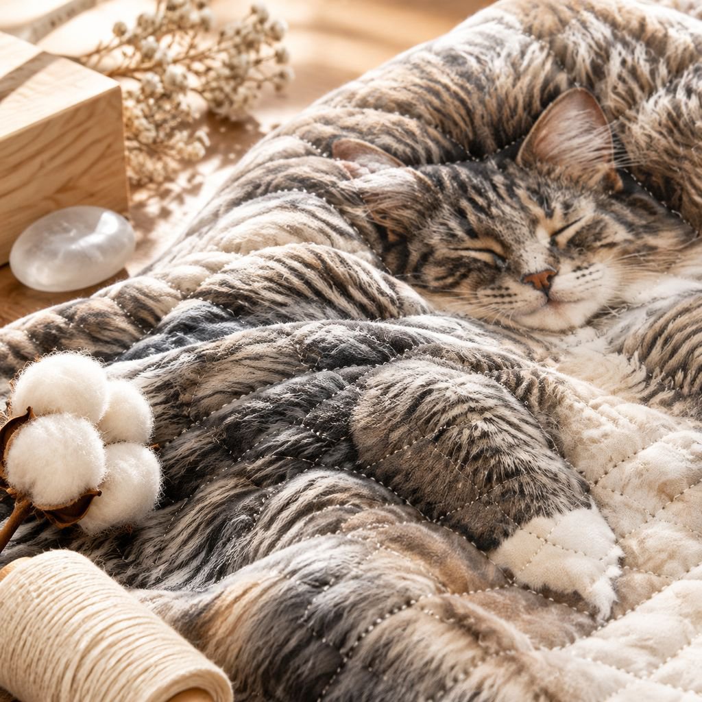 ソファに広げた猫柄薄手ブランケット