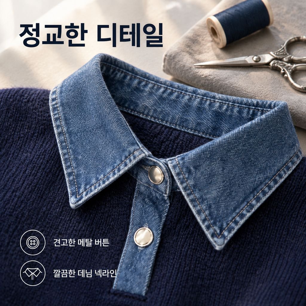 가을겨울 여성 POLO 카라 데님 배색 레이어드 니트 상의